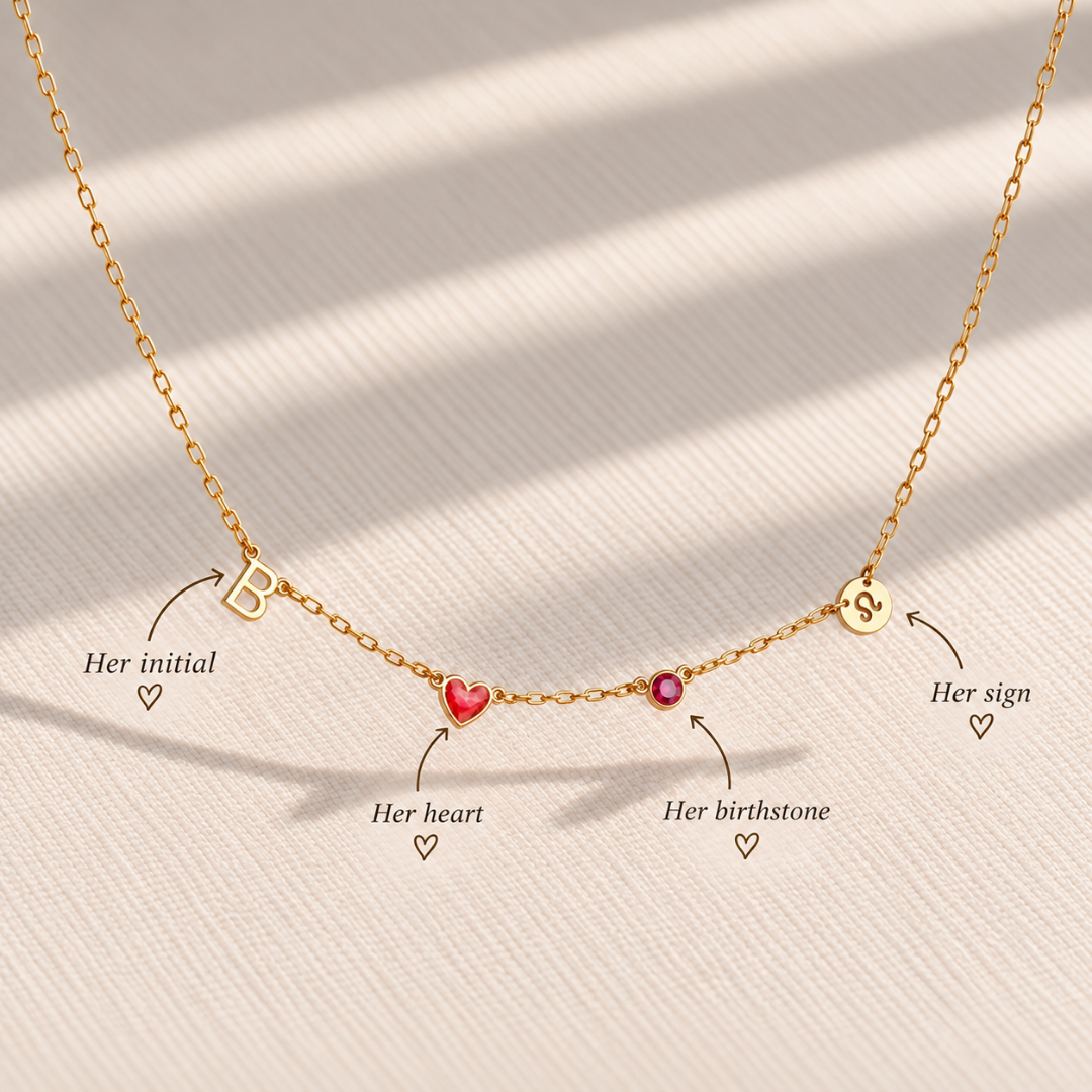 Gold Fable Necklace charms explained: her initial, her heart, her birthstone and her sign