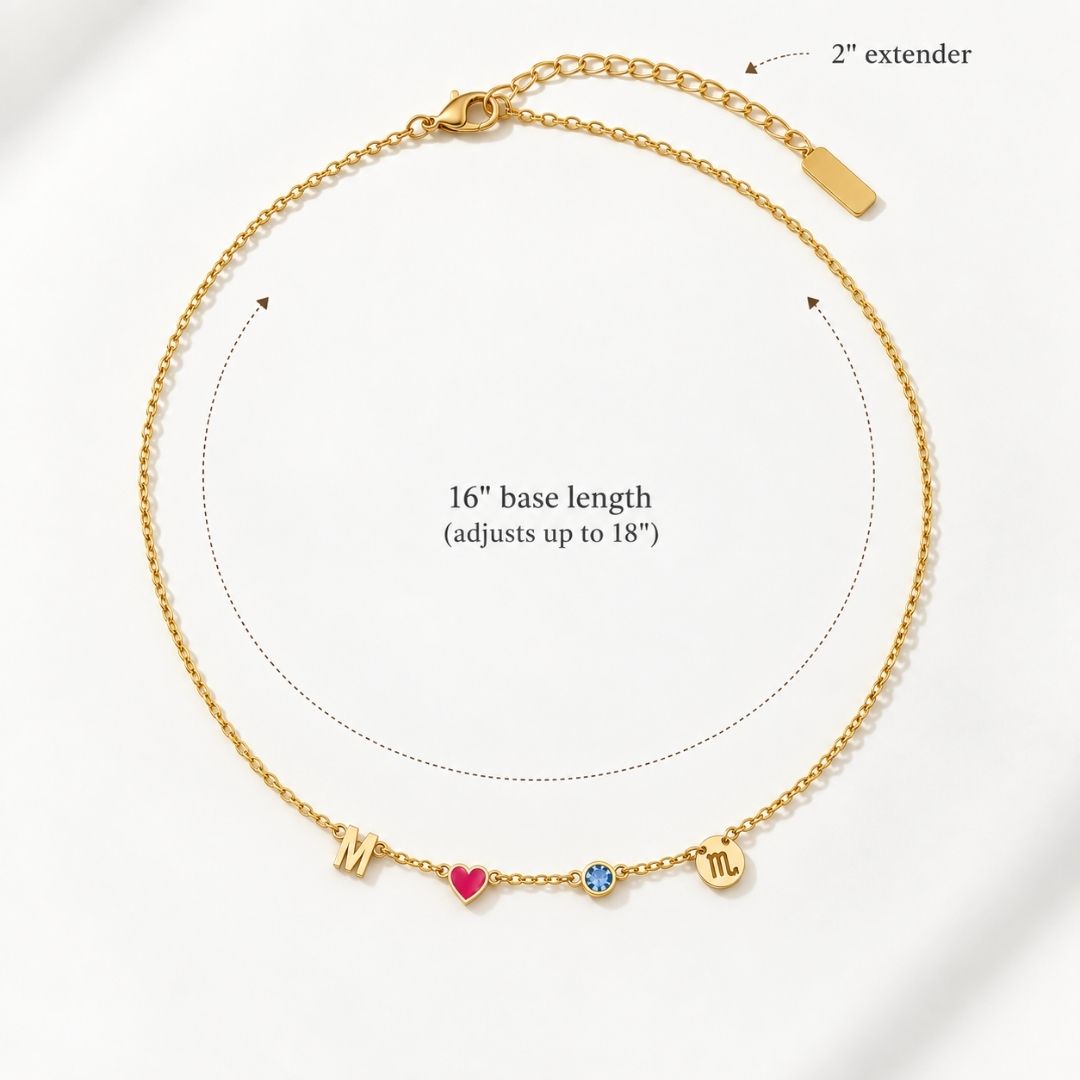Gold Fable Necklace with a 16 inch base length and 2 inch extender, adjusting up to 18 inches